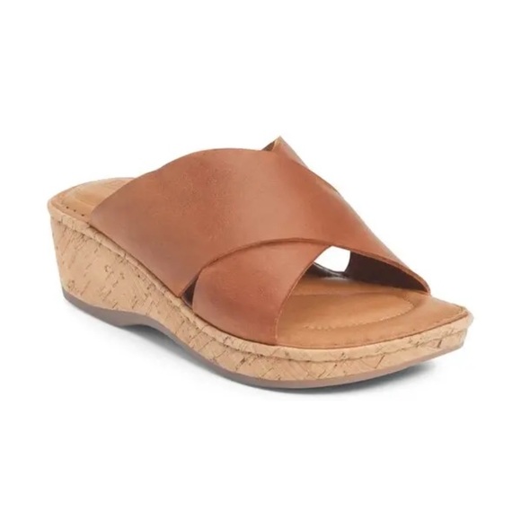 Born Lola Brown Leather Platform Wedge Slide Sandal - Size 8 - Picture 1 of 15